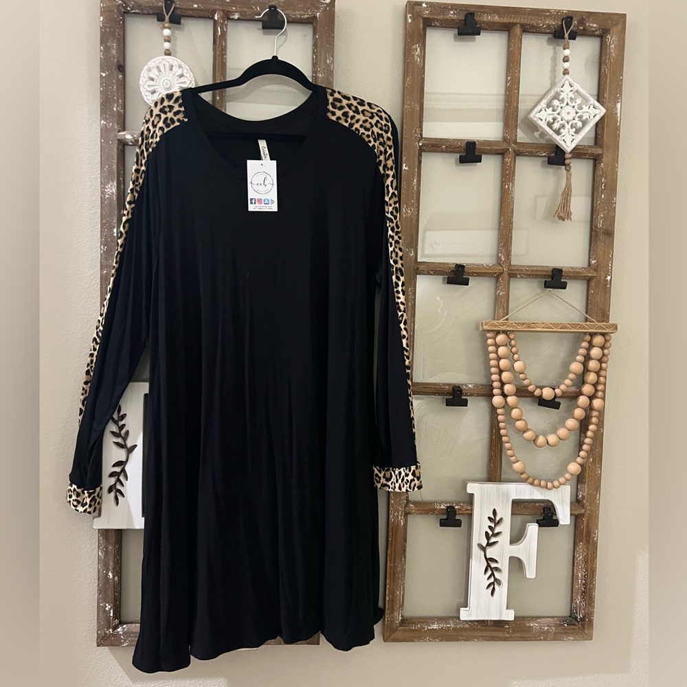 Black Tunic Dress with Leopard Trim